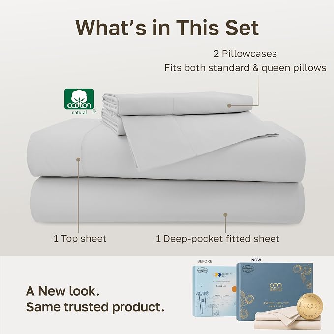 California Design Den 100% Cotton Sateen Full Size Bed Sheets Set | Soft 500 Thread Count Backed by Good Housekeeping Seal, 16" Deep Pocket, All-Around Elastic, Durable, Easy Care - Light Grey