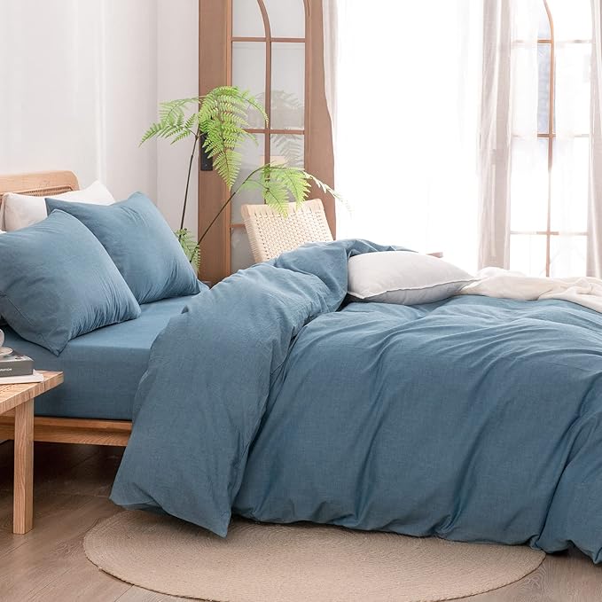 BESTOUCH Cotton Solid Duvet Cover Set Linen Feel Dark Blue Queen | 100% Washed Cotton, Soft Wrinkle Texture, Hidden Zipper, 8 Ties, Breathable Lightweight Durable Comfy, 3 Pcs No Insert