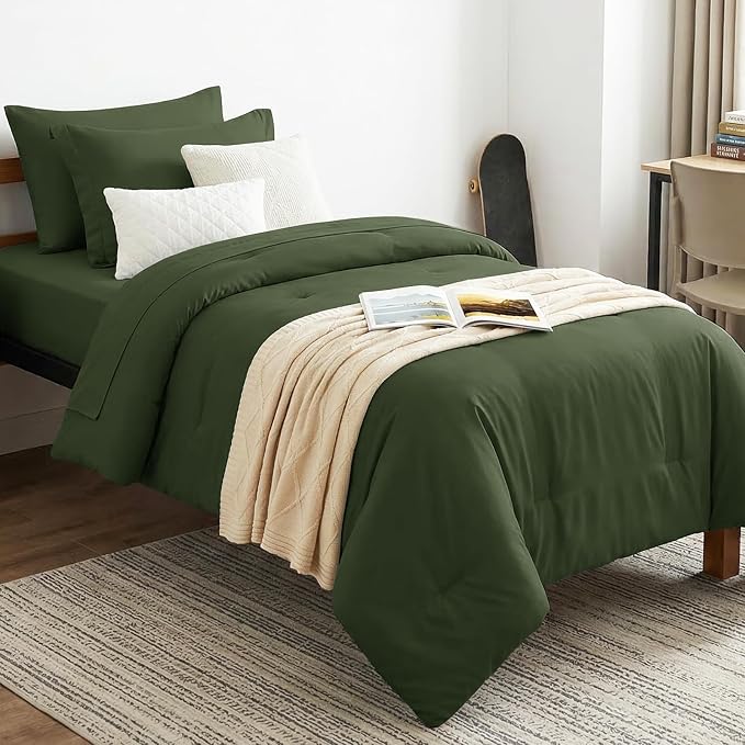 Twin XL Comforter Olive Green, 5 Pieces Bed in a Bag | College Dorm Essentials, OEKO-TEX Certified, 240GSM Down Alternative Comforter, Flat & Fitted Sheets, Pillowcase & Sham