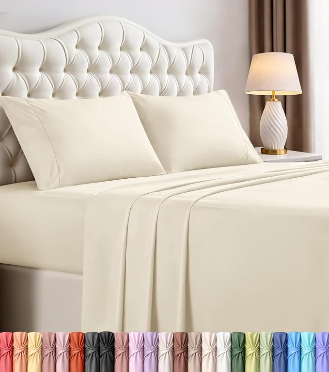 King Sheets Set, 4 Pieces 16" Deep Pocket Hotel Luxury Bed Sheets, Ivory | Extra Soft Bedsheet Set, Comfy & Breathable Cooling Sheets, Wrinkle & Fade Resistant, Fitted Sheet, Flat Sheet, 2 Pillowcases