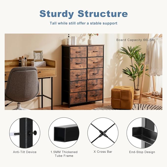 DUMOS 10 Drawer Dresser for Bedroom, Storage Organizer Chest of Drawers | Wide Fabric Closet Organizer Tower Furniture with Wooden Top Metal Frame, Dorm, Brown
