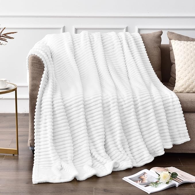 BEDELITE Ribbed Jacquard White Fleece Throw Blanket for Couch, 50x70 Inch | Soft Warm Decorative Fluffy Blanket, Cozy Plush Lightweight Fuzzy Throw Blanket for Bed Sofa Home Room Decor, Gift for Women