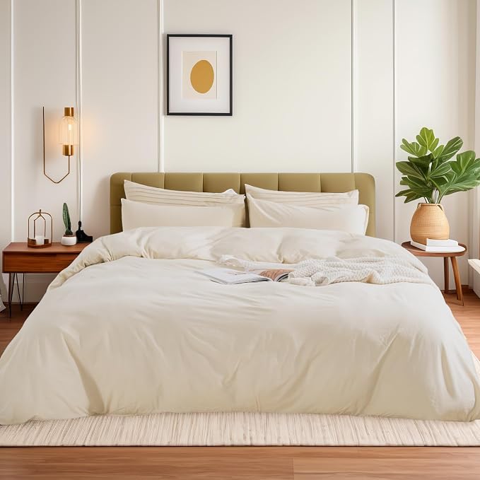 NEXHOME PRO 100% Washed Cotton Duvet Cover Super King 108"x98" Linen Look Textured Organic Natural 3 Pieces Bedding Set with Zipper Closure, Breathable (No Comforter)