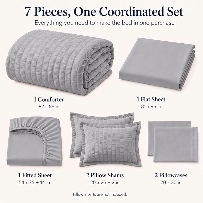Full Size Comforter Sets, 7 Pieces Grey Seersucker Bed in a Bag | OEKO-TEX Certified, All Season Bedding Set with 240 GSM Down Alternative Comforter, Flat & Fitted Sheets, Pillowcases & Shams