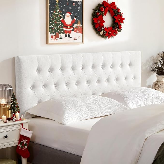 Tufted Upholstered Headboard Full Size, Adjustable Height 37- 51 in, White | Sturdy and Durable Solid Wood Full XL Headboard, Fabric Full Headboard Only, Modern Button Diamond Design Head Board