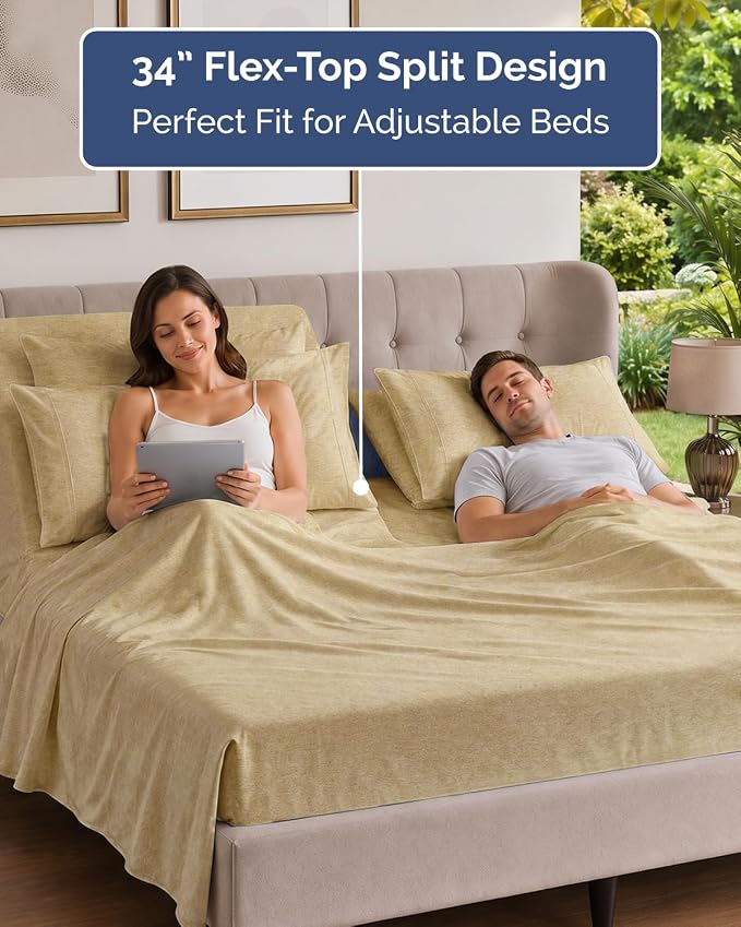Flex Top Split Head King 6 Piece Sheet Set - Soft & Cooling - Heathered Tan | Ultra Soft Hotel Luxury Bedding Set w/ 8-16 Inch Deep Pockets, 1 Flat & 1 Split-Head Fitted Sheet & 4 Pillowcases, Fade Free