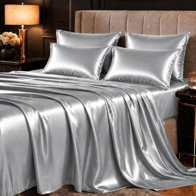 CozyLux Satin Sheets Queen, 6-Piece 14-Inch Deep Pocket Sheet Set | OEKO-TEX Certified Silky Soft Sheet Set for Hair & Skin, Luxurious Silky-Smooth Satin for Elegant Bedroom Decor, Light Grey