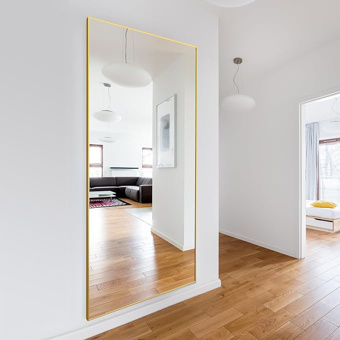 Full Length Mirror with Stand, 75x35 Gold Floor Mirror | Aluminium alloy frame with HD float glass for distortion-free reflection. Free standing or wall mounted.