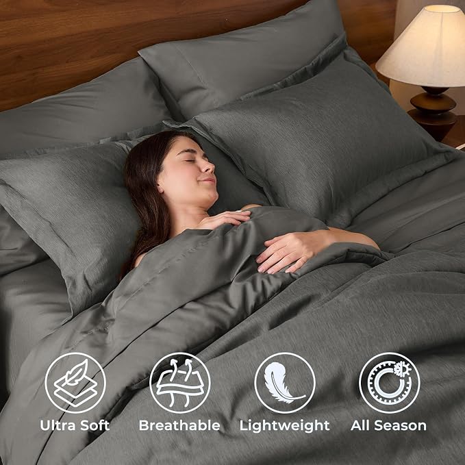 JOLLYVOGUE Dark Grey Full Comforter Set, Cationic Dyeing Bed in a Bag Full 7 Pieces, Double-Tone Bedding Set with Down Alternative Comforter, Sheets, Pillowcases & Shams
