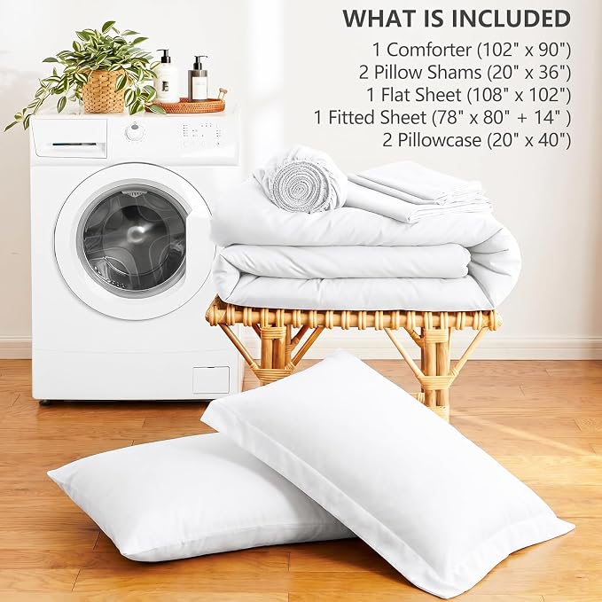 HIMEET King Comforter Set, 7-Piece Point-Quilted Bed in a Bag, White | OEKO-TEX Certified, Lightweight 240 GSM Comforter, Flat Sheet, 14-Inch Deep-Pocket Fitted Sheet, Pillowcases & Shams