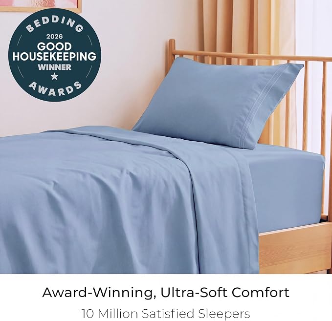 Mellanni Iconic 3-Piece, Ultra Soft Sheet Set (Twin, Sky Blue) | 10M+ Sleepers. Lab-tested: Sleeps Cool, Stays Bright, Strong, Smooth. Good Housekeeping Best Bedding, 7 yrs running.
