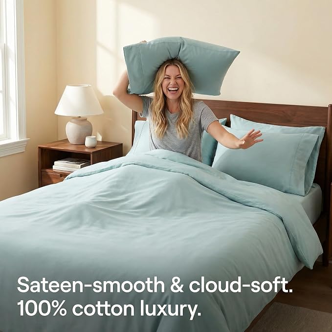 HeimenAogo Egyptian Cotton Duvet Cover Queen Size Sateen Weave, Silky Soft and Breathable Bedding Set with Zipper Closure, Long Staple Cotton Bed Linen Skylight Blue 3Pcs (90"×90")