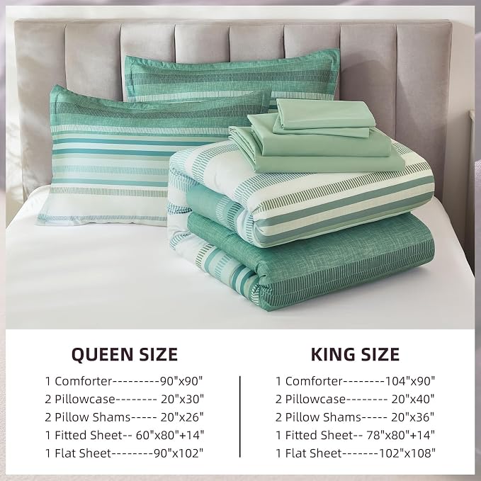 Dobuyly Comforter Set Queen Size 7 Piece, Boho Striped Sage Green Bed in a Bag Queen Soft Microfiber Bedding Sets with Comforter, Sheets, Pillowcases & Shams All Season