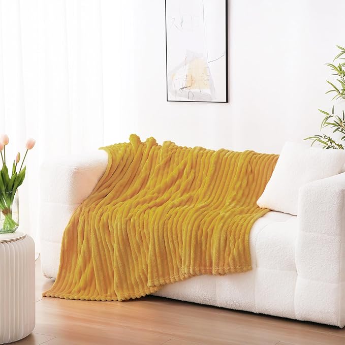 Mustard Yellow Fleece Throw Blanket 60”×80” for Couch Sofa Livingroom | Linecooo Super Soft Cozy Plush Microfiber Flannel Bed Blanket Striped Design Lightweight Home Decor Gifts for Adult Mom Women