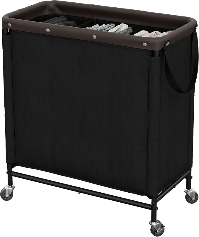StorageWorks 3 Section Laundry Hamper, 120L Black Sorter Cart with Wheels | Black Sorter Cart, Rolling Organizer for Bedroom, Bathroom, Apartment