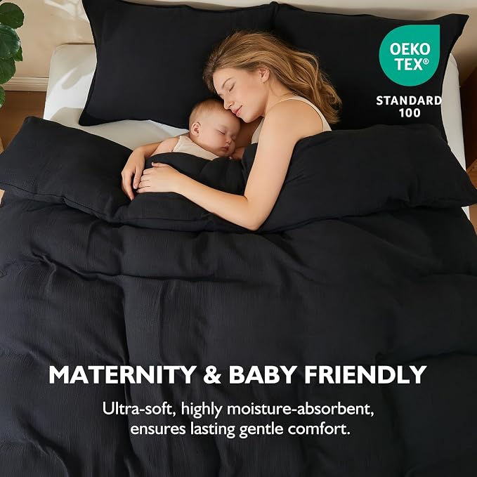 EMME Muslin Cotton Duvet Cover Set Black King Size Linen Like Soft Breathable Lightweight Summer Comforter Cover Set with Zipper Closure (Black, King, 104"x90")