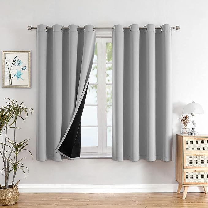 ChrisDowa 100% Blackout Curtains for Bedroom 63 Inches Long 2 Panels Set | 2 Thick Layers, Thermal Insulated, Grommet, Window Treatment, Living Room Drapes with Black Liner, Light Grey, 52 x 63 Inch