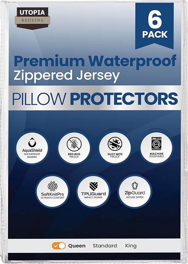 Set of 6 Pillow Protectors with Zipper Queen Size, Pillow Covers | Ultra Soft Pillow Encasements, Bed Bug & Dust Mite Proof, Moisture Wicking and Waterproof Pillow Cases by Utopia Bedding