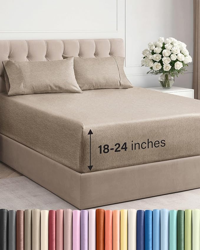 Extra Deep King Sheet Set - 4 Piece Breathable & Cooling - Heathered Beige | Easily Fits 18 to 24 inch Mattress - Ultra Soft, Wrinkle & Fade Free with Extra Deep Pockets - Comfy Hotel Luxury Bedding