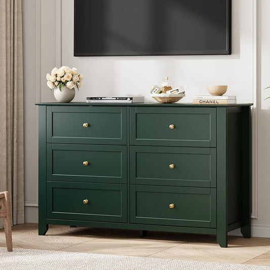 Garvee 6 Drawer Dresser for Bedroom, 47.2" Wide Modern Large Chest of Drawers with Metal Knobs, Wooden Clothes Storage Organizer for Closet, Nursery, Living Room, Apartment, Green | Lacquered Finish, Metal Knobs, Clothes Storage Organizer for Closet, N...