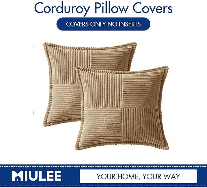 MIULEE Decorative Euro Sham Throw Pillow Covers 22x22 Inch Khaki 2 Pack | Boho Broadside Striped Patchwork Pillow Covers, Soft Corduroy Cushion Cases, For Bed Couch Sofa Livingroom Home Decor