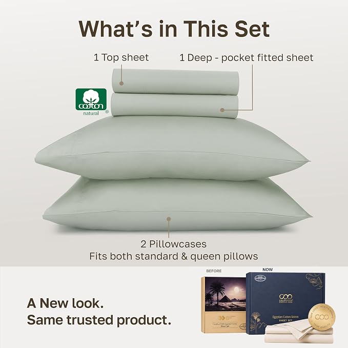 California Design Den Certified 100% Egyptian Cotton Queen Sheet Set | Backed by Good Housekeeping Seal, Light & Airy Soft Sateen, 16" Deep Pocket, All-Around Elastic, 4pc Set - Meadow Grey