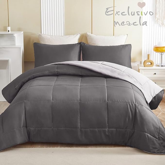 Exclusivo Mezcla Reversible Soft Twin Comforter Set, 2 Pieces | Grey Lightweight Microfiber Down Alternative Comforters, All-Season Bedding with 1 Pillow Sham