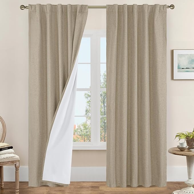 Taupe Full Blackout Linen Curtains 84 Inch for Living Room 2 Panels | Linen Textured Bedroom Drapes, Privacy Protected, Thermal Window Panels, Rod Pocket Back Tab, with White Liner, 42 x 84 Inch