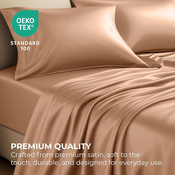 Satin Sheets King [4-Piece, Rose Gold] Hotel Luxury Silky Bed Sheets - Extra Soft 1800 Microfiber Sheet Set, Wrinkle, Fade, Stain Resistant - Deep Pocket Fitted Sheet, Flat Sheet, Pillow Cases