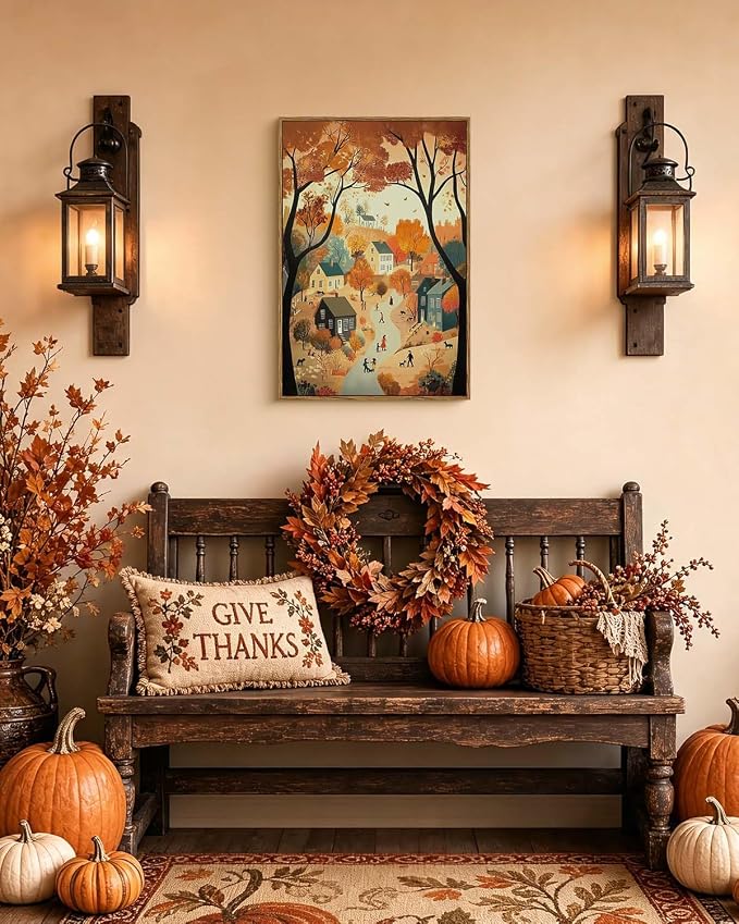 WHASAYART Autumn Cozy Village Landscape Scene 16x24 Framed Canvas Print, Rustic Fall Country Trees Wall Art with Warm Colors, Thanksgiving House Office Entryway Seasonal Decor