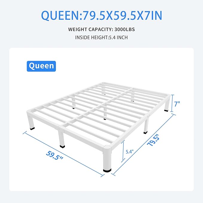 MAF 7 Inch Queen Metal Platform Bed Frame White with Round Corner Legs | Mattress Slide Stopper, 3000 LBS Heavy Duty Steel Slats Support, Noise Free, No Box Spring Needed, Easy Assembly, Anti-Slip