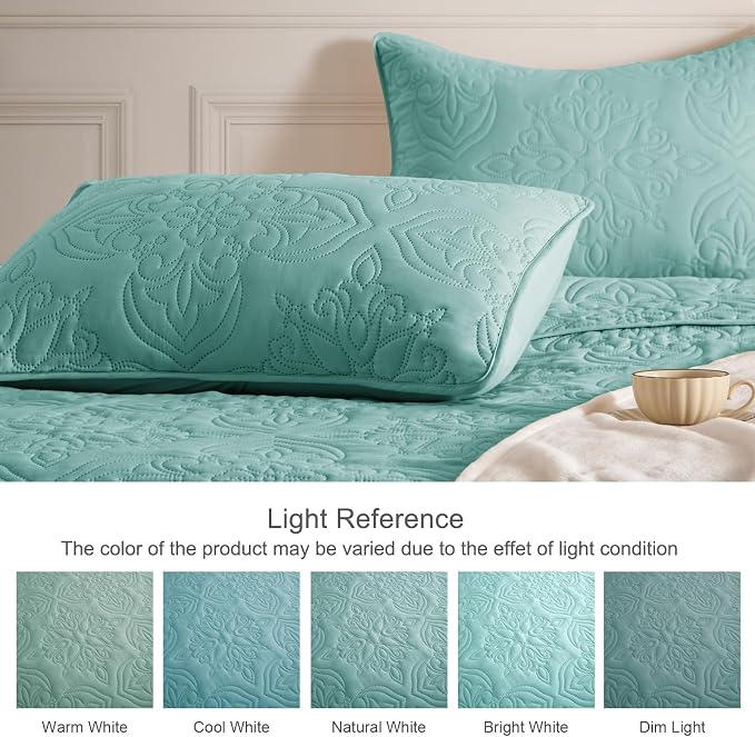 Whale Flotilla Cal King Quilt Set Vintage Damask Reversible Bedspread | Suitable for Bed, 3 Pieces Turquoise Green Lightweight Breathable Oversized Quilts, Ultrasonic Coverlet with 2 Pillow Shams