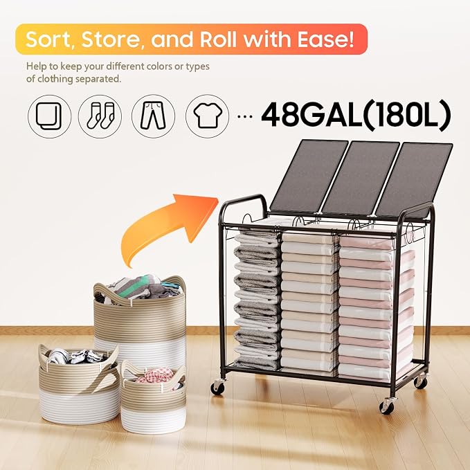 180L Laundry Sorter 3 Section, Rolling Laundry Basket with Wheels and Lid | 47.55 Gal Laundry Hamper, 3 Separated Removable Bags, Lockable Wheels, Dirty Clothes Hamper for Laundry Room Organizer, Grey