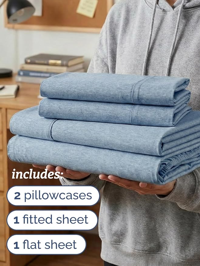 Twin XL 4 Piece Sheet Set - College Dorm Room Essentials - Heathered Blue | Ultra Soft Dorm Bedding Set, 8" to 16" Inch Deep Pockets, 1 Flat & 1 Fitted Sheet & 2 Pillowcases, Wrinkle & Fade Free
