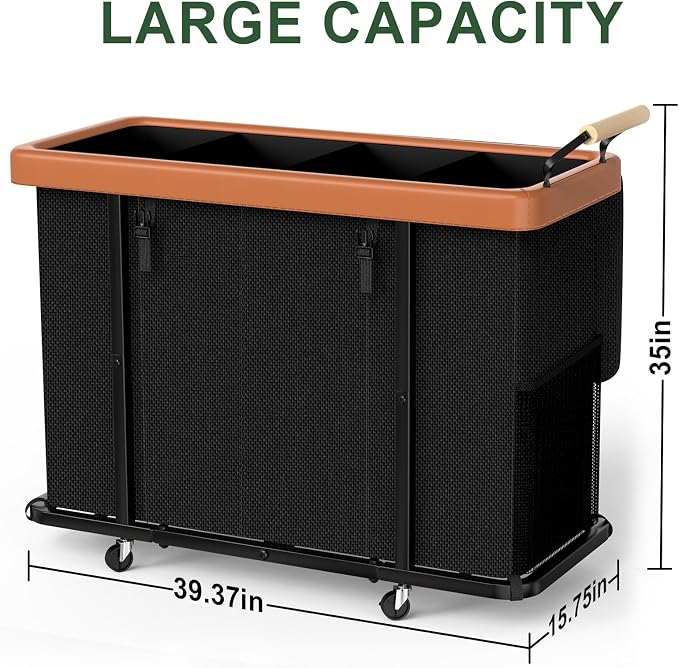 Laundry Hamper 4 Section with Lid, 300L Rolling Basket Hamper with Handle | Laundry Basket with Wheels,Organizer Storage Cart with Sturdy Metal Frame for Laundry Room Black