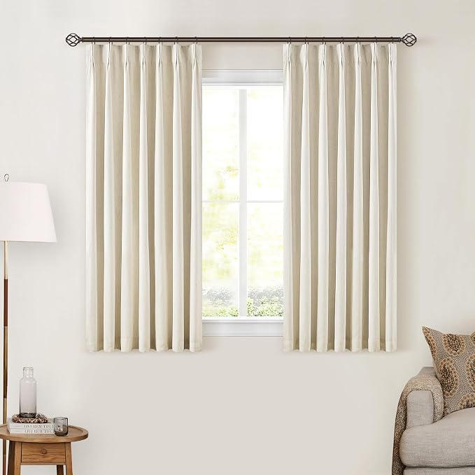 Cream Beige Pleated Black Out Linen 45 Inch Curtains with Liner 2 Panels | 100% Blackout, Memory Trained Pinch Pleat, Thermal Insulated, Noise Reduce, Short Curtains 2 Layers for Kitchen Small Window