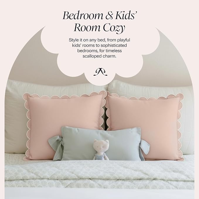 BEBE BASK Scalloped Pillow Cover Set of 2, 18x18, 100% Cotton - Peach Pink | 100% Cotton, Scallop Pillow Covers, Grandmillennial Style, 18 by 18 Inch, Easy to Care, Machine Washable, Scalloped Pillows