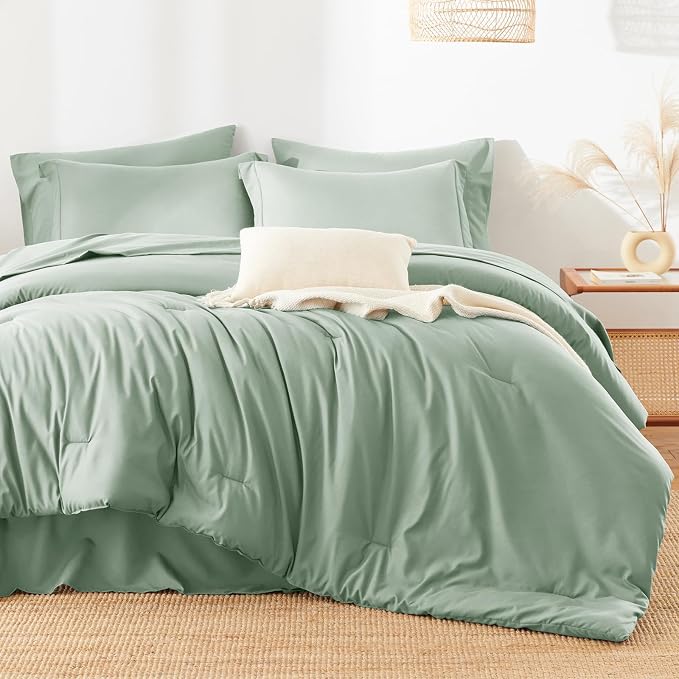 HIMEET Queen Comforter Set, 7-Piece Point-Quilted Bed in a Bag Sage Green | OEKO-TEX Certified, Lightweight 240 GSM Comforter, Flat Sheet, 14-Inch Deep-Pocket Fitted Sheet, Pillowcases & Shams