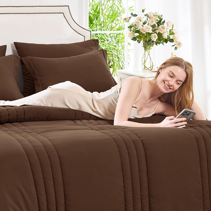 Full Size Comforter Sets Brown- 7 Pieces Bed in a Bag | OEKO-TEX Certified, 240GSM Down-Alternative Comforter, 14" Deep-Pocket Sheets, Shams & Pillowcases, Lightweight