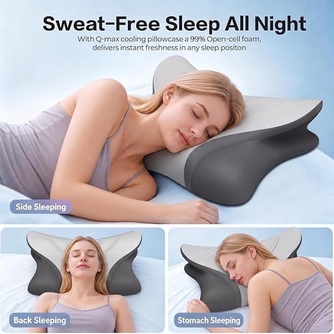 Pain Relief Cervical Neck Pillow, Ergonomic Contour | Q-Max Cooling | Non-Temperature Memory Foam | Side/Back/Stomach Sleeper Support for Sleeping, Reading, Scrolling (Light Grey & Dark Grey)