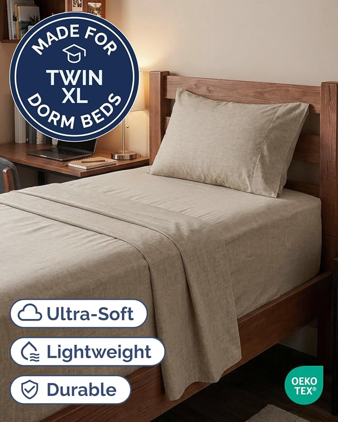 Extra Deep Twin XL Sheet Set - 3 Piece College Dorm Room - Heathered Beige | Soft, Breathable & Cooling, Easily Fits 18 to 24 inch Mattress, Wrinkle Free & Fade Resistant with Extra Deep Pockets