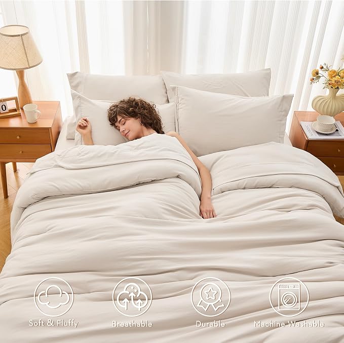 5 Pieces Twin Comforter Set, Soft Bed in a Bag Twin Size, All Season Bedding Set with Comforter, Flat Sheet, Fitted Sheet, Pillowcases & Shams, Beige