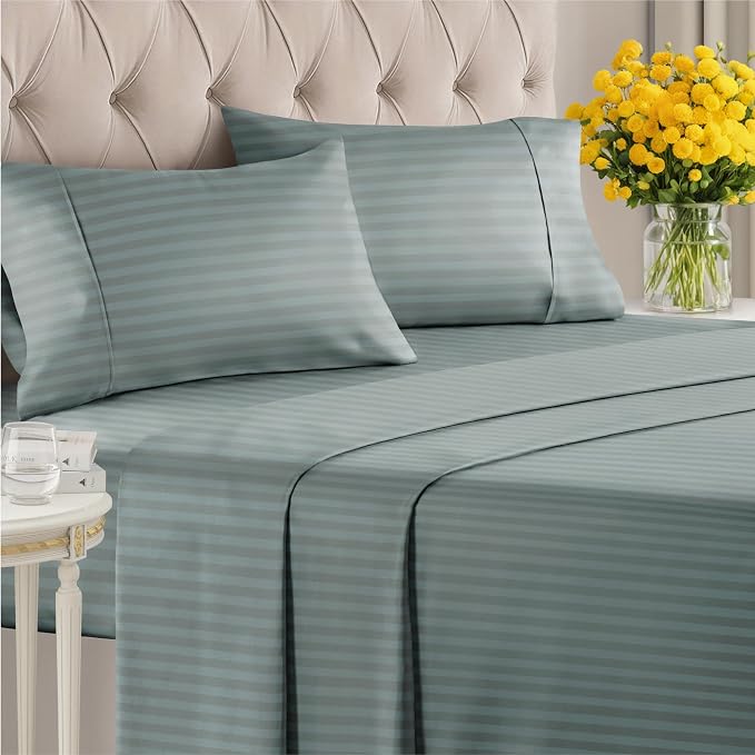 Queen 4 Piece Striped Sheet Set - Breathable & Cooling - Greeny Stripes | 1 Flat, 1 Fitted & 2 Pillowcases w/ Deep Pockets, Luxury Striped Bedding, Soft, Breathable & Cooling, Wrinkle & Fade Free