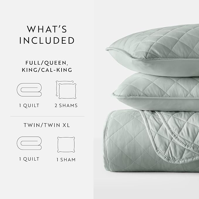 Merit Linens Modern Quilt Coverlet Soft Set in Diamond Stitching - King/Cal-King Eucalyptus