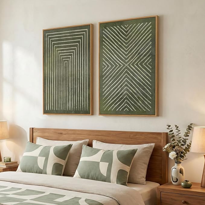 Large Framed Green Abstract Wall Art for Living Room Set of 2, 24x36 In | 2 Piece, Canvas prints, Sage green artwork, Modern minimalist paintings, Geometric pictures, Dining room bedroom wall decor