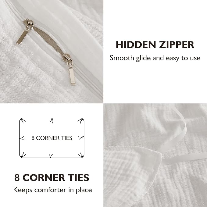 EMME Cream White Muslin Duvet Cover Queen Size, 100% Cotton Soft Gauze Bedding Set with 2 Pillowcases, Breathable Lightweight All Season Comforter Cover with Zipper & Corner Ties, 90"x90"