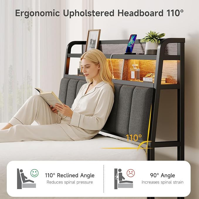 ComfyCorner King Size Headboard with Storage & LED Light, Black & Grey | Upholstered Ergonomic Head Board with Power Outlets & 2-Tier Storage, King Headboard Only, Bed Frame Mounting, Heavy Duty