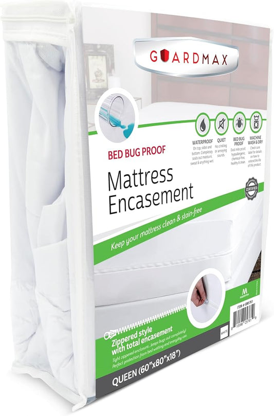 Guardmax Queen Mattress Encasement with Zipper, Waterproof, Bed Bug Proof, and Dust Mite Proof Mattress Protector for Queen Size Bed up to 18" Deep, Zippered All Around Jersey Knitted Mattress Cover