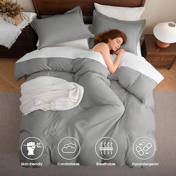 FreshCulture Duvet Cover King Size - 3 Pieces Microfiber Duvet Cover Set with Zipper Closure - Lightweight & Easy Care - 1 Comforter Cover & 2 Pillow Shams - Comforter Not Included (Light Grey)
