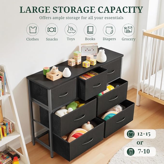 7-Drawer Dresser for Bedroom, Anti-Tip Wide Storage Organizer Fabric | Chest of Drawers TV Stand for 45" TV with Wooden Top and Metal Frame for Closet, Living Room, Hallway, Entryway, Black